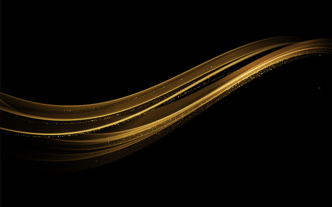 Abstract Gold Waves. Shiny Golden Moving Lines Design Element With Glitter Effect On Dark Background For Greeting Card And Disqount Voucher.