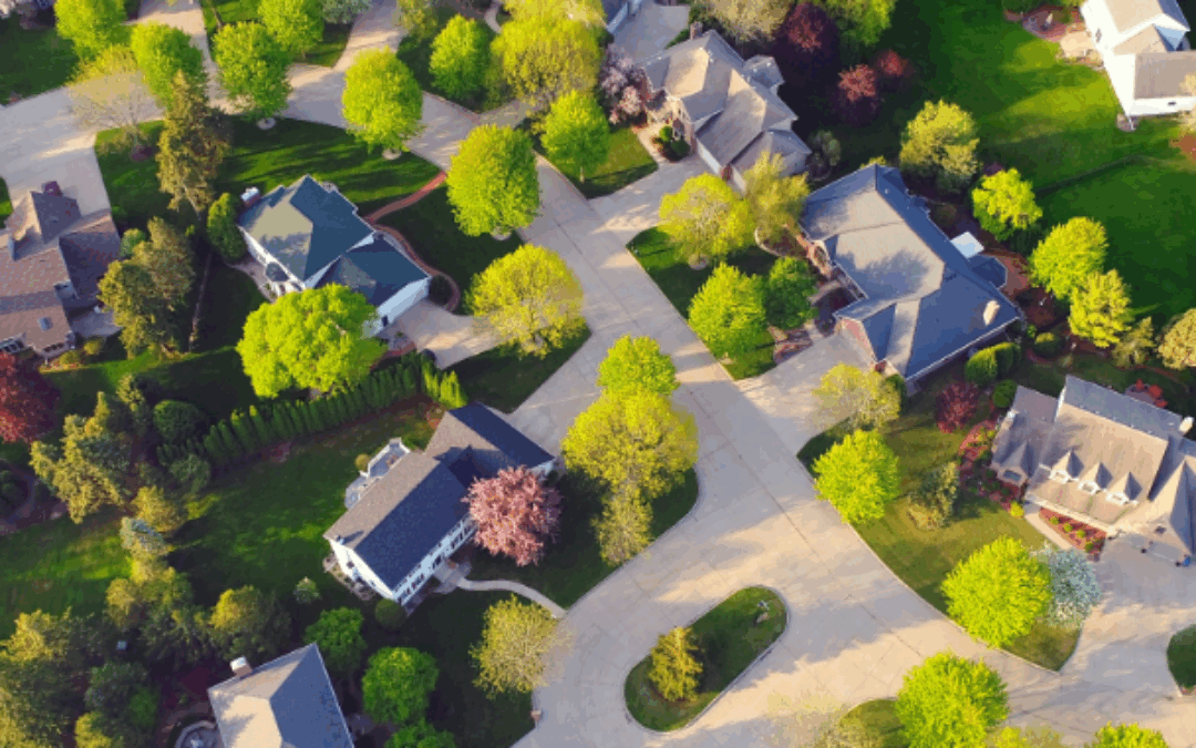 Aerial view of residential properties
